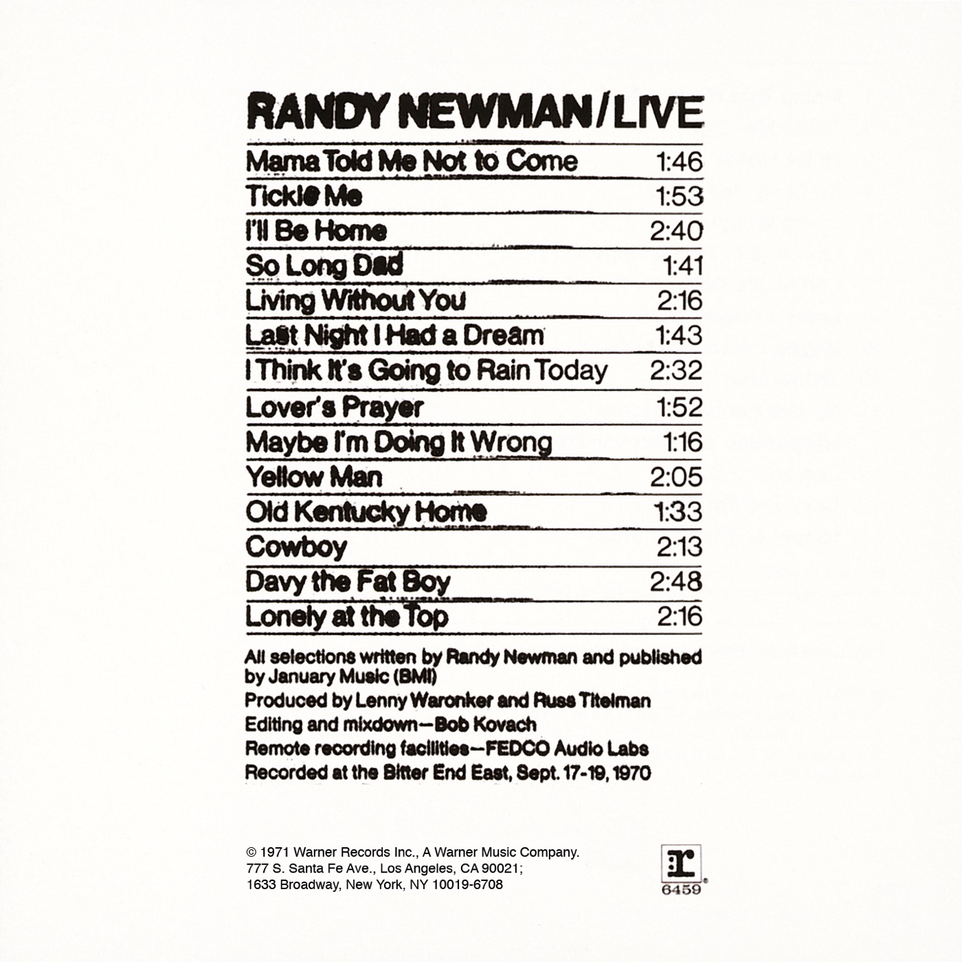 Randy Newman – Randy Newman (Live)(075992670661)【16bit／44.1kHz】美国区-OppsUnote音乐广场